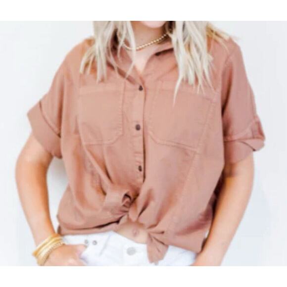 OAT New York Women's Oversized Boxy Top Button-Up Shirt XL Brown Short Sleeve - Picture 1 of 10